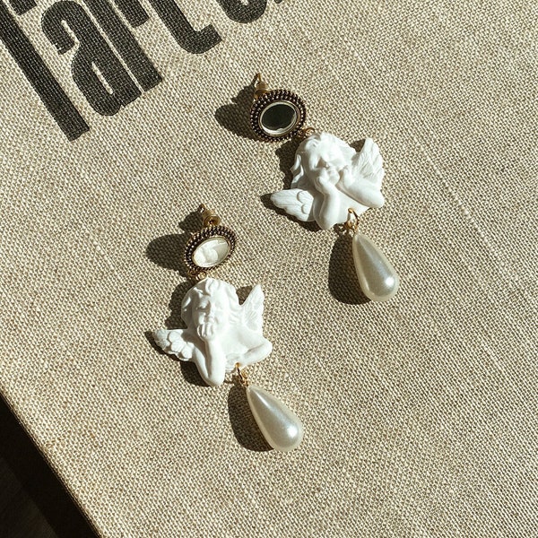 Baroque angel earrings, Renaissance pearl earrings, Polymer clay art inspired earrings, Wearable art jewelry, One of a kind earrings