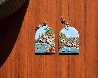 Lake Como Earrings: Hand-Sculpted Italy Landscape, Travel Jewelry