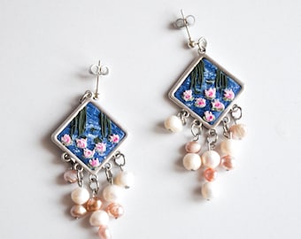 Monet Water Lilies Earrings: Hand Sculpted Clay, Baroque Pearl, 999 Silver
