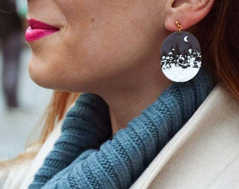 Christmas Clay Earrings: Winter Cabin Landscape, Surgical Steel