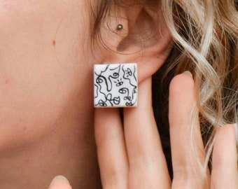 Picasso clay stud earrings, Square studs, Black and white stud earrings, Playful art earrings, Gifts for Art lovers, Statement studs