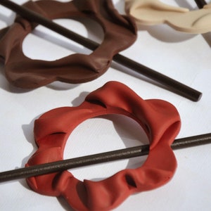 Etsy's Pick, Hair jewel, Circle clay hair accessories, Unique hair pins, Minimal flower shape hair pin, Circle hair pin with wooden stick Dark red