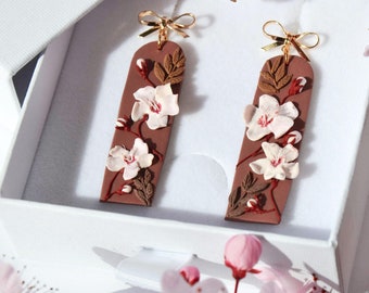 Cherry Blossom earrings, Flower Polymer Clay Earrings, Romantic flower earrings, Ribbon flower earrings, Spring floral earrings