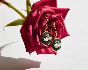 Vintage Swan Hoop Earrings: Handmade Polymer Clay, Gold Jewelry