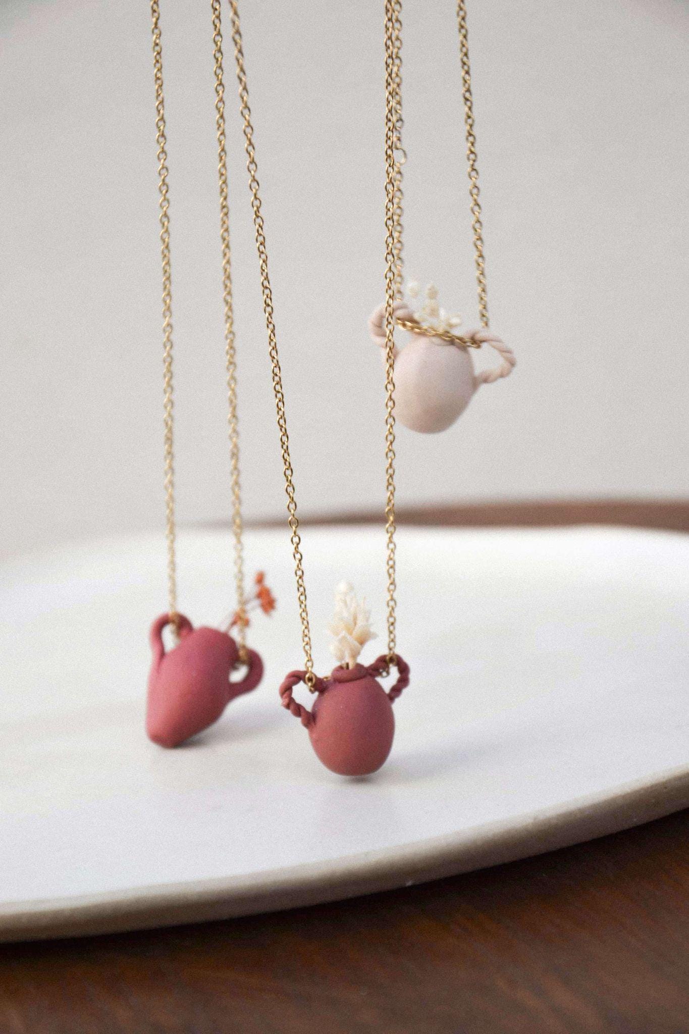 Miniature Vase Necklace: Polymer Clay Amphora, Flower Holder