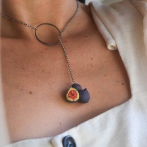 Handmade Fig Necklace: Polymer Clay Fruit Jewelry, Stainless Steel Chain