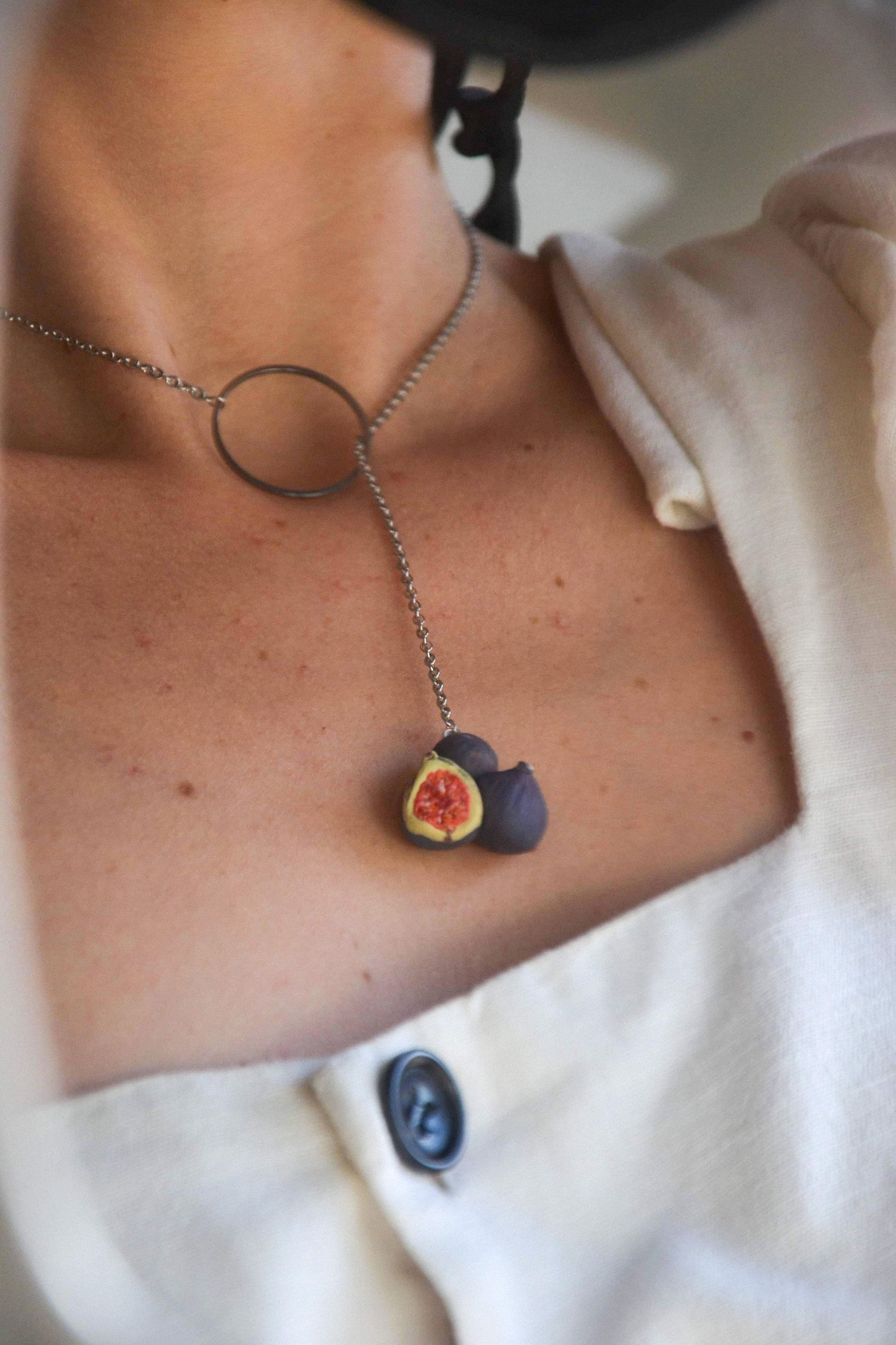 Handmade Fig Necklace: Polymer Clay Fruit Jewelry, Stainless Steel Chain
