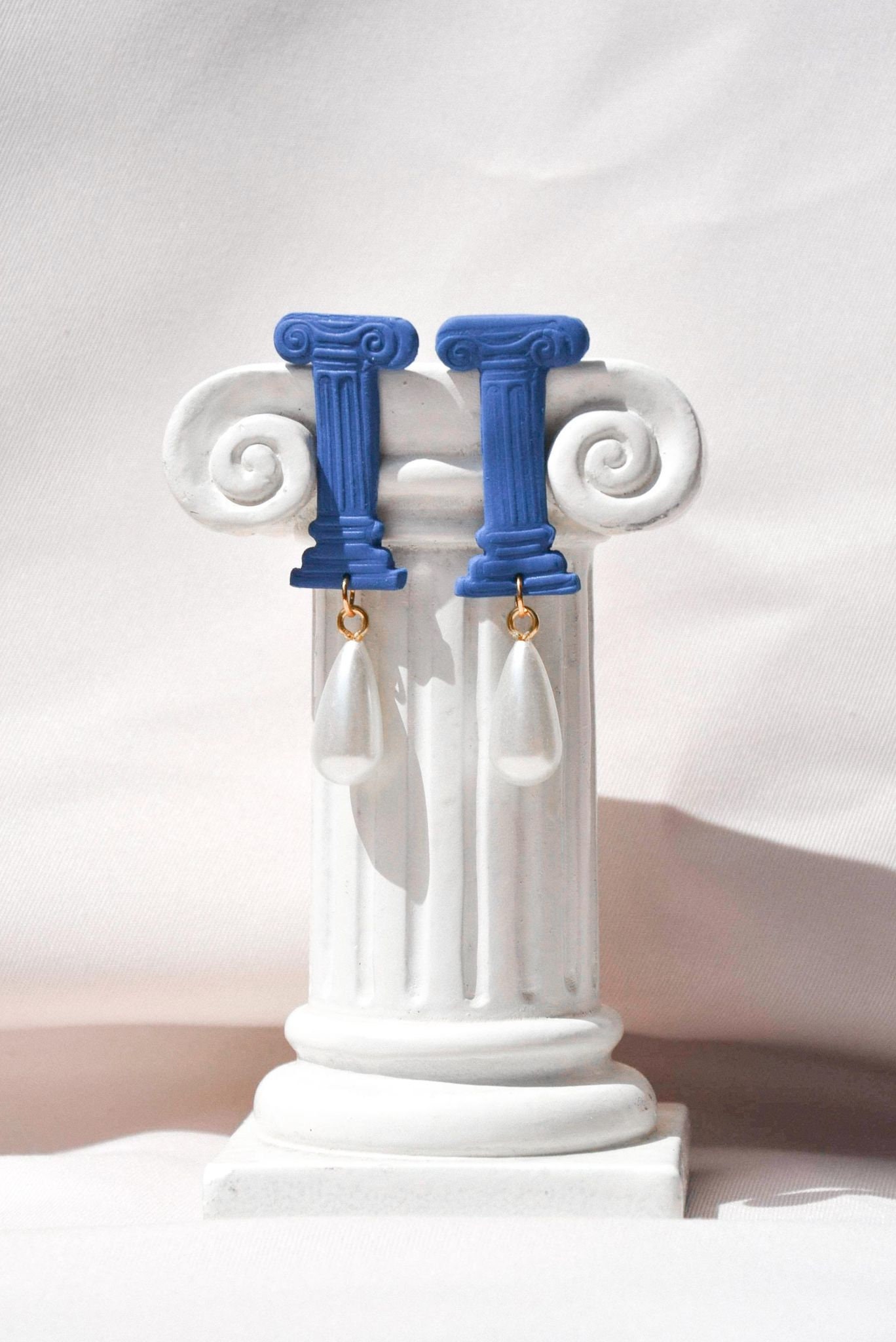Greek column clay earrings, Ancient Greece earrings, Greek blue pearl earrings, Greek clay earrings, Roman clay earrings, Bijoux Grecs