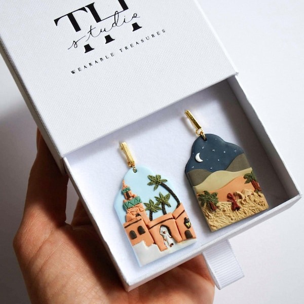 Morocco earrings, Polymer clay landscape earrings, Morocco inspired earrings, One of a kind earrings