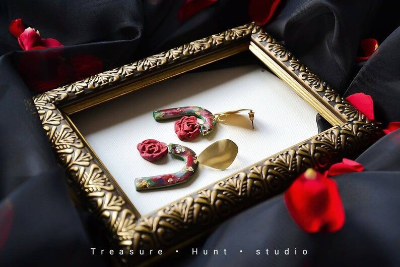 clay earrings Rose earrings wearable art earrings artistic earrings statement earrings