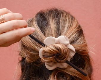 Etsy's Pick, Hair jewel, Circle clay hair accessories, Unique hair pins, Minimal flower shape hair pin, Circle hair pin with wooden stick