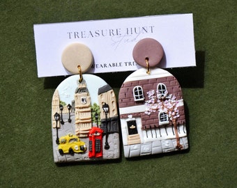 London travel earrings, London polymer clay landscape earrings, Custom landscape earrings