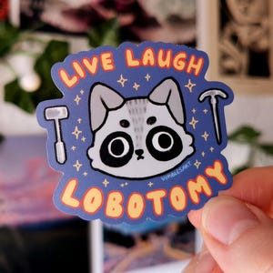 Live Laugh Lobotomy Raccoon Matte Vinyl Sticker | waterproof laptop hydroflask journal sketchbook cute silly