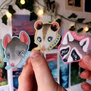 Crybaby Critters - Pegatinas de vinilo mate de mapache, rata y zarigüeya / portátil impermeable, hidrofrasco, diario, cuaderno de bocetos, lindo y divertido