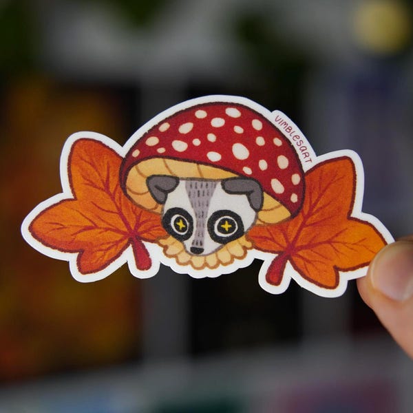 Herbst Pilz Waschbär - Matt Vinyl Aufkleber | wasserdichtes Laptop Hydroflask Journal Skizzenbuch Cute Silly