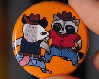 Cowboy Duel Raccoon and Opossum - 32mm Pinback Button Badge or Magnet