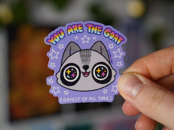 Gayest Of All Time Racoon Holographic Vinyl Sticker | waterproof laptop hydroflask journal sketchbook cute silly holo