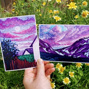 Pintura a guache, cartão postal, impressão artística, céu, nuvem roxa, pôr do sol