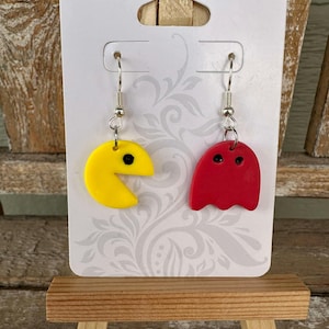 Pac-Man and Ghost Earrings: Handmade Polymer Clay Mismatched Earrings