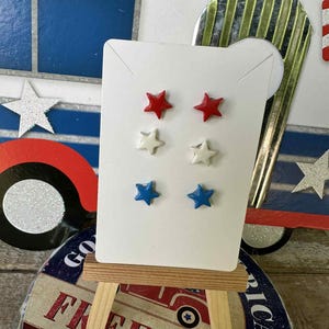 USA Star Stud Earrings| Red White Blue Polymer Clay Earrings | 4th of July Patriotic Jewelry | Lightweight Handmade America Earrings for Her