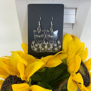 Clear Acrylic Kitty Folk Earrings - Engraved Laser Cut Cat Design