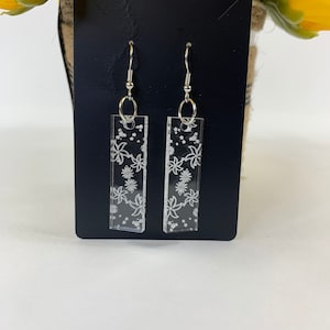 Flower Clear Acrylic Rectangle Earrings - Laser Cut, Engraved