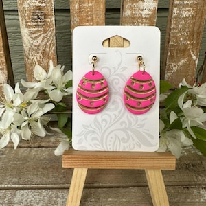 Handmade Easter Egg Dangle Earrings: Polymer Clay Jewelry with Gold Accents