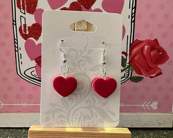 Handmade Valentine's Day Earrings: Red Heart Polymer Clay, Stainless Steel
