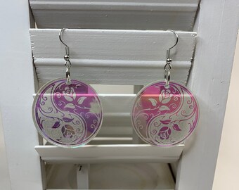 Iridescent Ying and Yang Acrylic Earrings- Ying and Yang with Gorgeous Flower Design