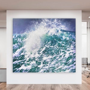 May include: A large abstract painting of a stormy sea with whitecaps and turquoise and teal waves.
