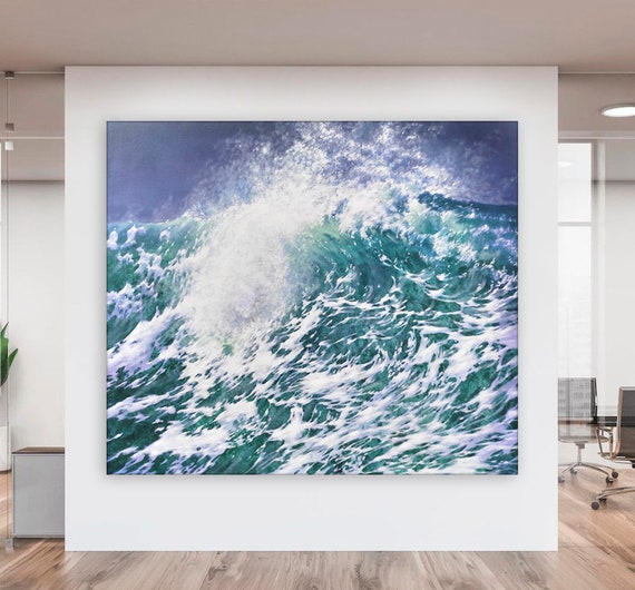 Obra original "10-2021 120X140CM". Oléo y acrílico sobre lienzo de lino. Cuadro del mar, Paisaje marino, Pintura de una Ola, Oceano.