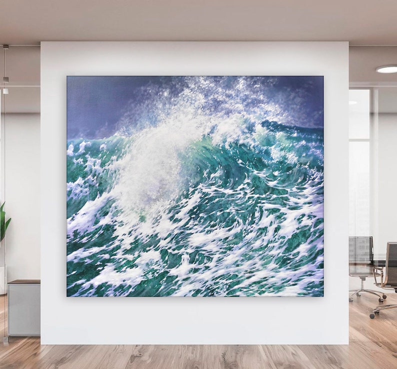 May include: A large abstract painting of a stormy sea with whitecaps and turquoise and teal waves.