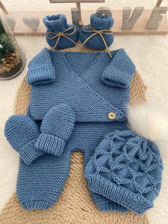 Ensemble naissance bébé brassière, bonnet et chaussons - Bleu - Made in Bébé