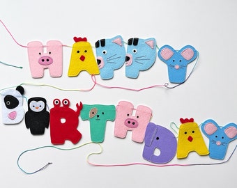 Happy Birthday Felt Animal Letter Banner - Birthday Party Wall Decoration for Kids & Babies