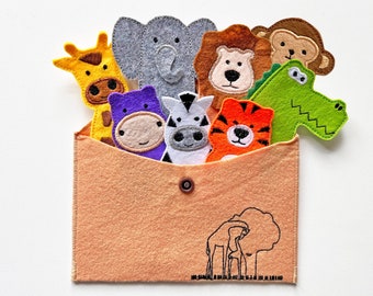 Felt Finger Puppets * African Wild Animals (Giraffe, Hippo, Tiger, Zebra, Elephant, Lion, Crocodile, Monkey )