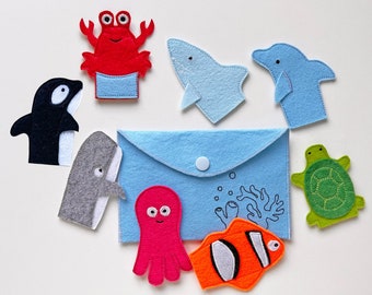 Felt Finger Puppets - Marine Animals (Octopus, Shark, Turtle, Dolphin, Grey Whale, Fish - Nemo)