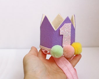 Birthday Crown POM POM, 1st Birthday Crown, Party Hat, Felt Glitter Birthday Crown, Baby - GirlHair Accessories