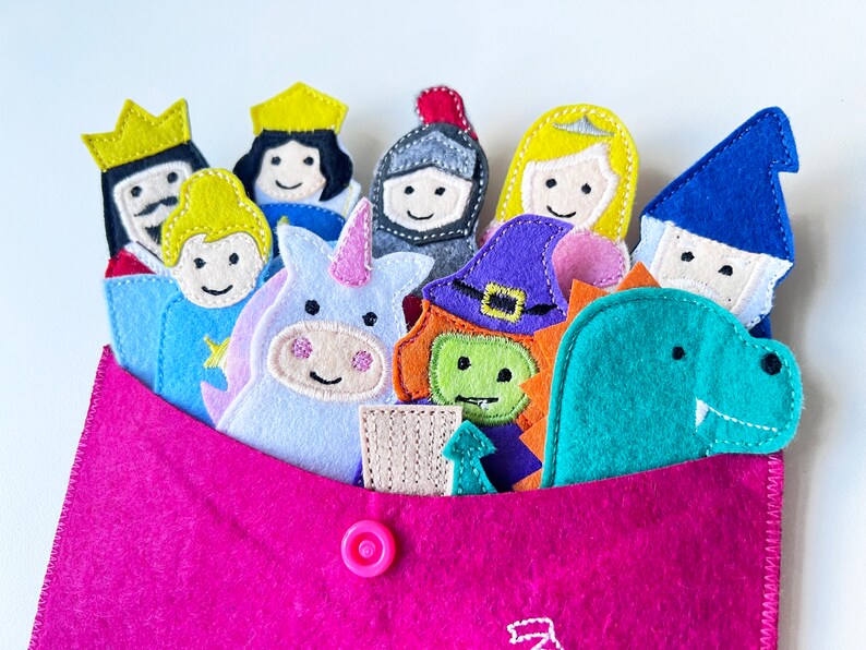 Felt Finger Puppets Fairy Tales King, Queen, Knight, Princess, Dragon, Unicorn, Wizard, Witch, Fairy Narrate Bedtime Stories image 3