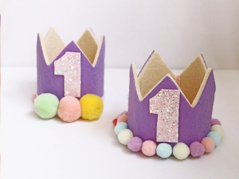 Birthday Crown POM POM, 1st Birthday Crown, Party Hat, Felt Glitter Birthday Crown, Baby GirlHair Accessories image 4