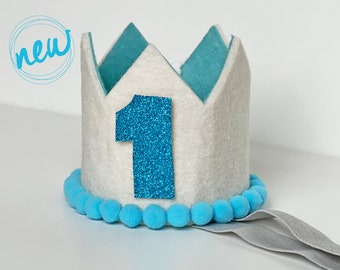 Birthday Crown POM POM, 1st Birthday Crown, Party Hat, Felt Glitter Birthday Crown, Baby - Girl, Boy Hair Accessories