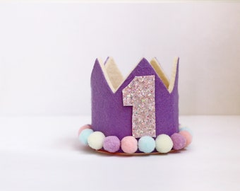 Birthday Crown POM POM, 1st Birthday Crown, Party Hat, Felt Glitter Birthday Crown, Baby - GirlHair Accessories