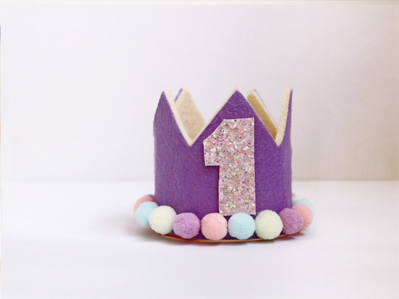 Birthday Crown POM POM, 1st Birthday Crown, Party Hat, Felt Glitter Birthday Crown, Baby GirlHair Accessories image 1