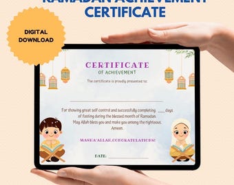 May include: A printable Ramadan achievement certificate with a blue and white background. The certificate features a purple banner with the text "Certificate of Achievement" and a space to write the name of the recipient. The certificate also includes two illustrations of children praying, a space to write the number of days fasted, and a space to write the date.
