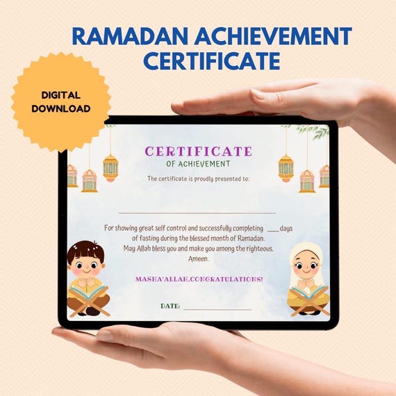 Ramadan Fasting Certificate, Ramadan Achievement Certificate, Islamic Certificate, Digital Certificate, Kids fasting certificate