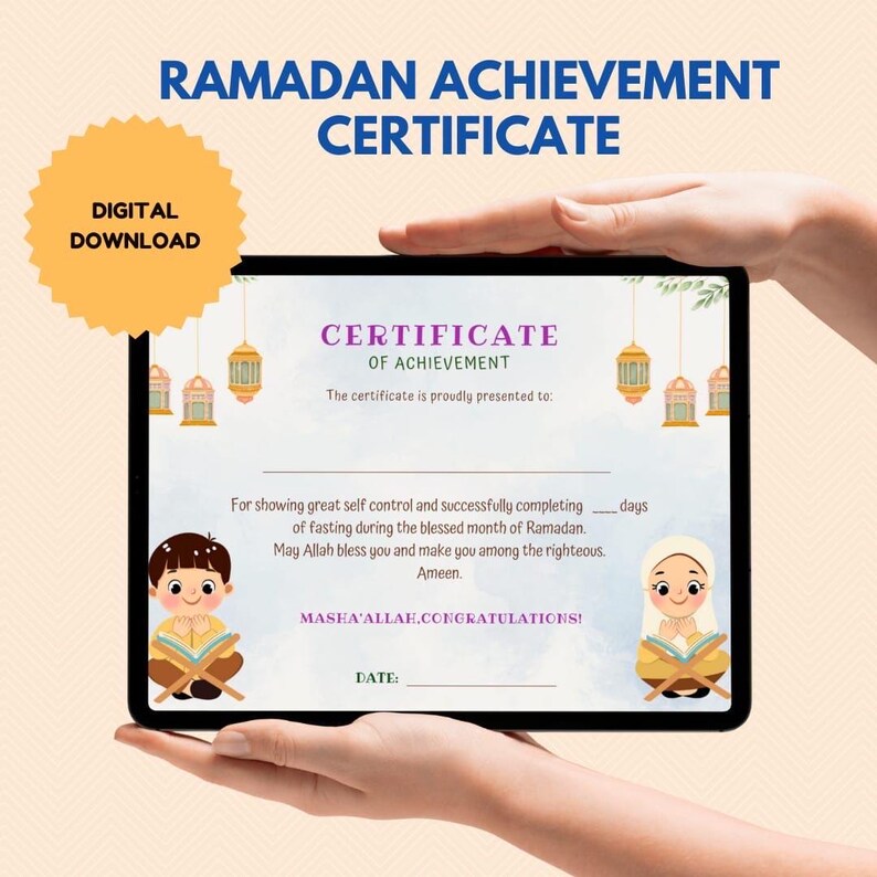 May include: A printable Ramadan achievement certificate with a blue and white background. The certificate features a purple banner with the text "Certificate of Achievement" and a space to write the name of the recipient. The certificate also includes two illustrations of children praying, a space to write the number of days fasted, and a space to write the date.