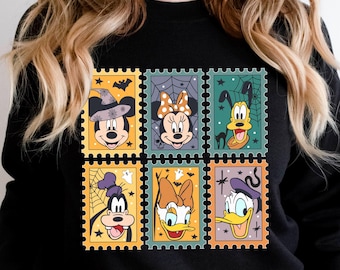 Retro Disney Halloween Sweatshirt, Mickey and Friends Stamp Crewneck, Spooky Disney Fall Pullover, Minnie Goofy Donald Sweater