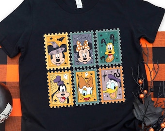 Retro Disney Halloween Shirt, Mickey and Friends Stamp Tee, Spooky Cartoon Character T-Shirt, Minnie Goofy Donald Tee