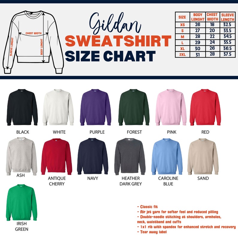 Puede incluir: Tabla de tallas de sudadera Gildan con una tabla de colores de 12 sudaderas diferentes. La tabla muestra la longitud del cuerpo, el ancho del pecho y la longitud de la manga en pulgadas para las tallas XS a 2XL.