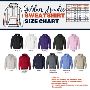 Puede incluir: Una tabla de tallas para sudaderas con capucha Gildan, que muestra la longitud del cuerpo, el ancho del pecho y la longitud de la manga en pulgadas para las tallas XS a 2XL. La tabla tambi&eacute;n incluye una muestra de color para cada uno de los 10 colores disponibles: negro, blanco, morado, verde bosque, rosa, ceniza, cereza antigua, azul marino, gris oscuro jaspeado, azul Carolina y arena.