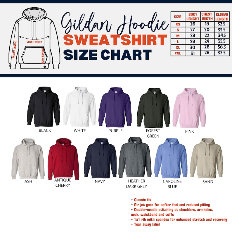 Puede incluir: Una tabla de tallas para sudaderas con capucha Gildan, que muestra la longitud del cuerpo, el ancho del pecho y la longitud de la manga en pulgadas para las tallas XS a 2XL. La tabla tambi&eacute;n incluye una muestra de color para cada uno de los 10 colores disponibles: negro, blanco, morado, verde bosque, rosa, ceniza, cereza antigua, azul marino, gris oscuro jaspeado, azul Carolina y arena.